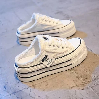 ผ้าใบ Baotou รองเท้าแตะครึ่งผู้หญิงสไตล์ใหม่หนา Soled สวมใส่ด้านนอกคนขี้เกียจไม่มีส้นด้านในเพิ่มความสูงสีขาว