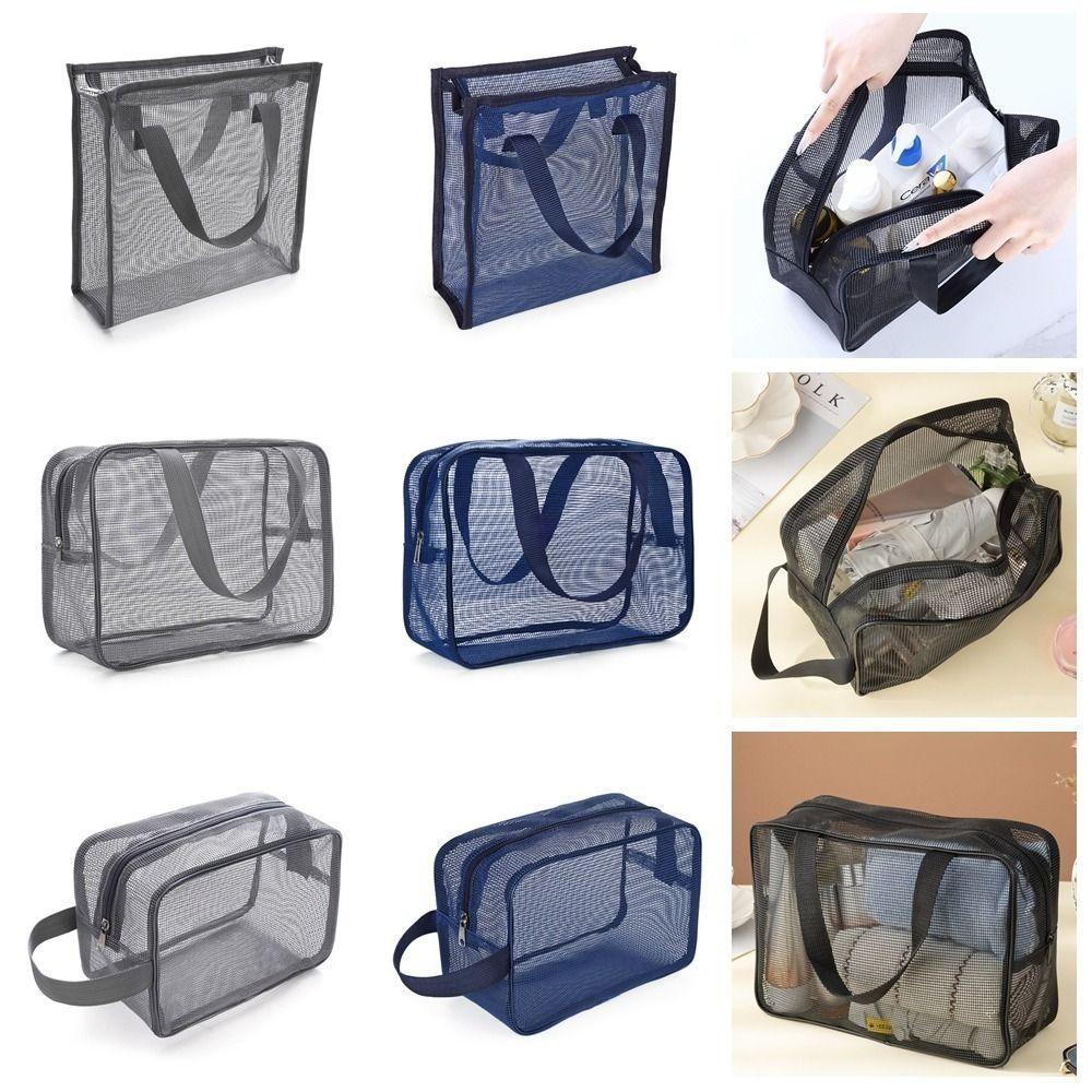 Perneaky ถุงตาข่ายอาบน้ํา, สีเทาสีฟ้า Beach Handhold Storage Bag, ตาข่ายพับได้ทนทานรั่วน้ําแต่งหน้ากระเป๋าถือห้องน้ํา Shower Organizer