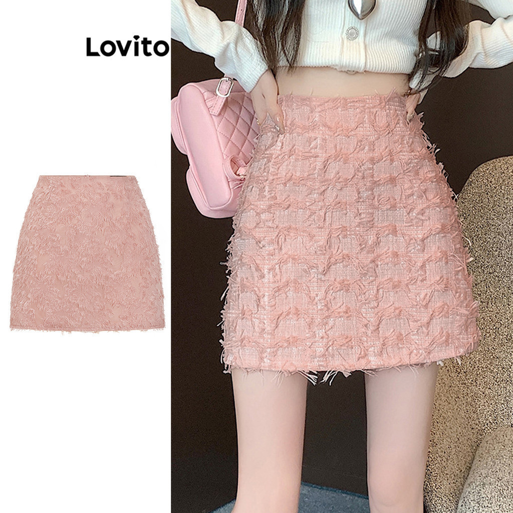 Lovito กระโปรงสั้นผู้หญิง สไตล์ลำลอง สีพื้น ผ้าเท็กเจอร์ L70AD067 (สีชมพู/สีดำ)
