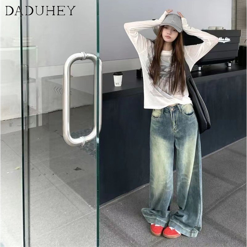 DaDuHey🎈 Women‘s 2024 New High Waist Loose and Slimming Straight Casual Pants Hong Kong Style Retro Washed Wide Leg Jeans