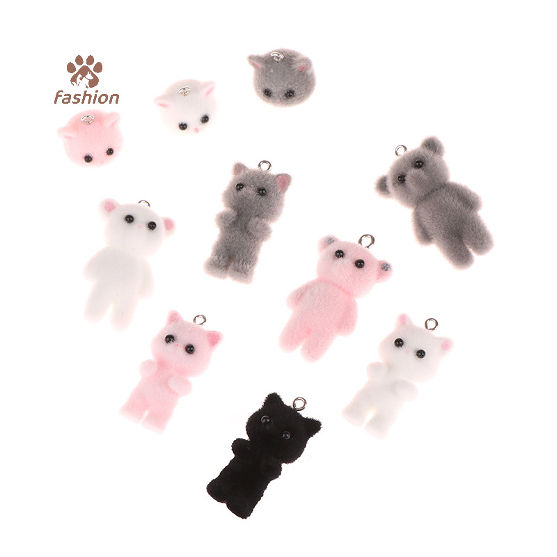 [แฟชั่น] 2pcs Cat Bear จี้ Kawaii 3D Fluffy Flocking Ch ตุ๊กตาจิ๋วพวงกุญแจสร้อยคอจี้ DIY หัตถกรรมเครื่องประดับ Make {TH}