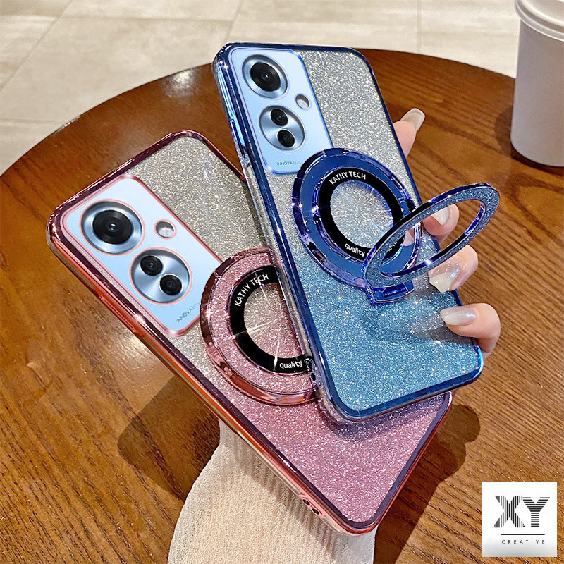 เคส Oppo Reno11 F 5G Reno11 5G Reno 11 Pro 5G Reno 8T 8 8Z 5G Reno 7 8 4G Reno7Z 5G หรูหราชุบบางเฉียบกระพริบฝาครอบโปร่งใสกรณีเชลล์พร้อมวงเล็บแหวนแม่เหล็กดูดและเลนส์ป้องกันการตกครอบคลุมเต็มรูปแบบ