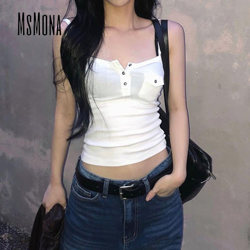 Msmona ผู้หญิงเสื้อกล้าม 2024 สีทึบปุ่มปิดไหล่แขนกุดแฟชั่นทุกวัน Casual Slim Fit กลางแจ้ง Streetwear ทั้งหมดตรงกับ