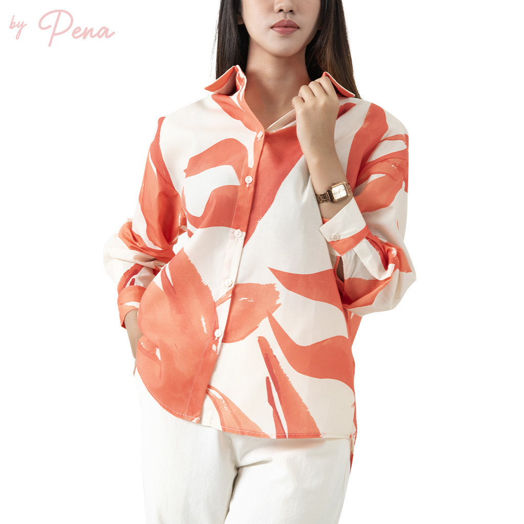 By Pena เสื้อเชิ๊ตผู้หญิง แขนยาว ผ้าพิมพ์ลาย BPSL062402