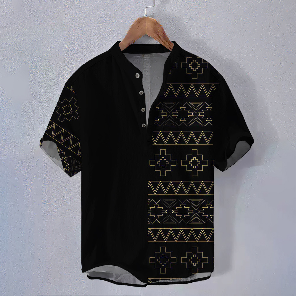 ฤดูร้อนสไตล์ชาติพันธุ์ชนเผ่าชายยืนขึ้นปกเสื้อแขนสั้นดอกไม้รูปแบบเรขาคณิตพิมพ์เสื้อผ้าย้อนยุคหลวมระบายอากาศขนาดใหญ่โบฮีเมียนเสื้อโปโลส