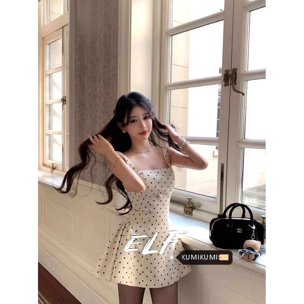 ELFwoo Polka Apricot Square Neck French Sweet Belt Strap Women