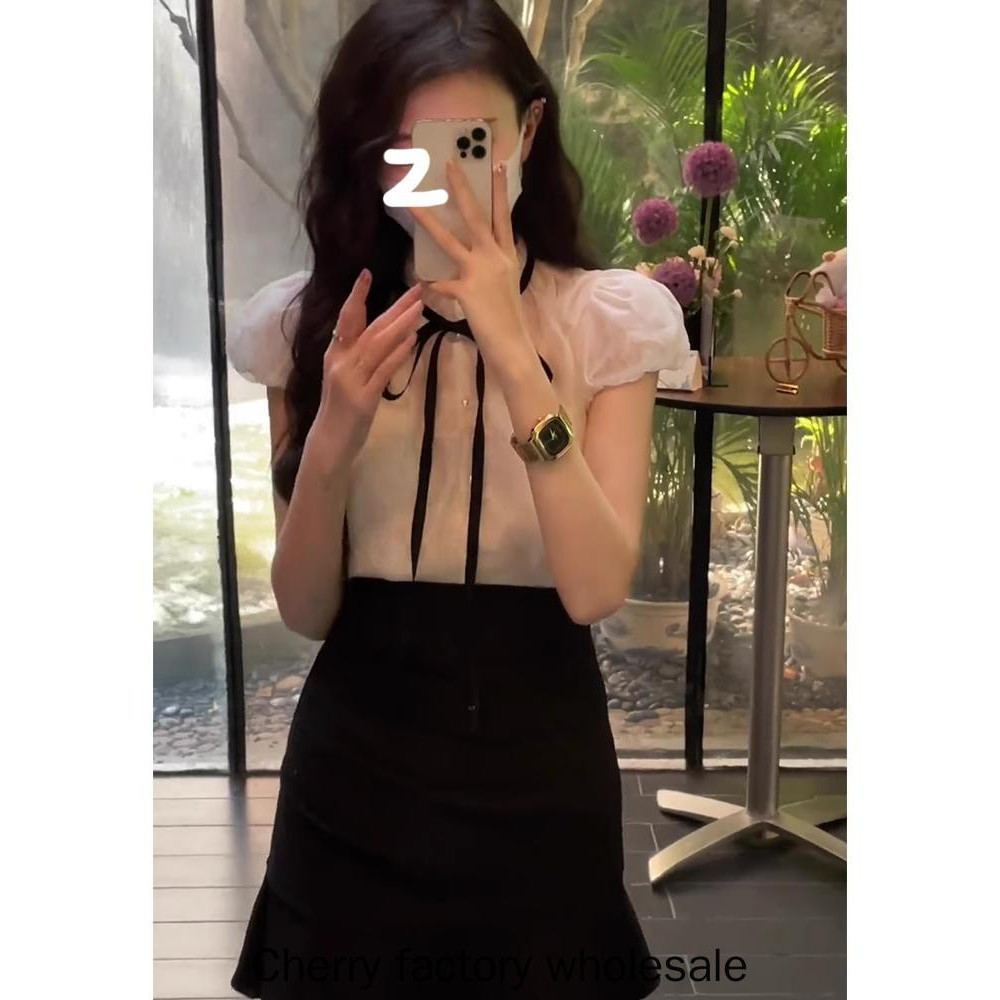 การออกแบบแฟชั่นสะดวกสบายผู้หญิงโบว์โบว์หวานแอปริคอทเสื้อแขนสั้นเหมาะสําหรับโอกาสต่างๆข้อเสนอพิเศษ