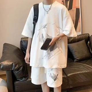 M-3XLชุดสูทผู้ชายฤดูร้อนอินเทรนด์พิมพ์ลายการ์ตูนหลวมกีฬาแขนส…