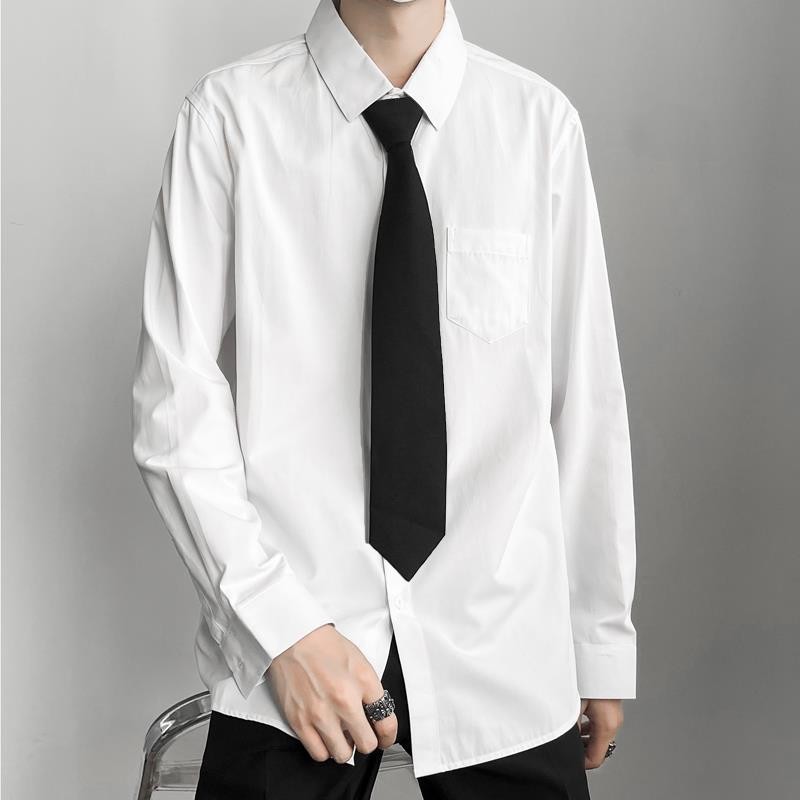 ซื้อหนึ่งแถมหนึ่ง เสื้อเชิ้ตแขนยาวสำหรับผู้ชาย ทรงหลวม เสื้อเชิ้ตผูกเน็คไท DK สไตล์เกาหลี เสื้อเชิ้ตสไตล์วิทยาลัย HWA1