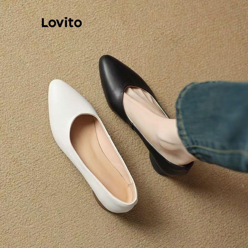 Lovito รองเท้าทํางานหัวแหลมหนังนุ่มธรรมดาหรูหราสไตล์นางฟ้าอ่อนโยนแต่เพียงผู้เดียวร่วมส้นสําหรับผู้หญิง  LFA62116