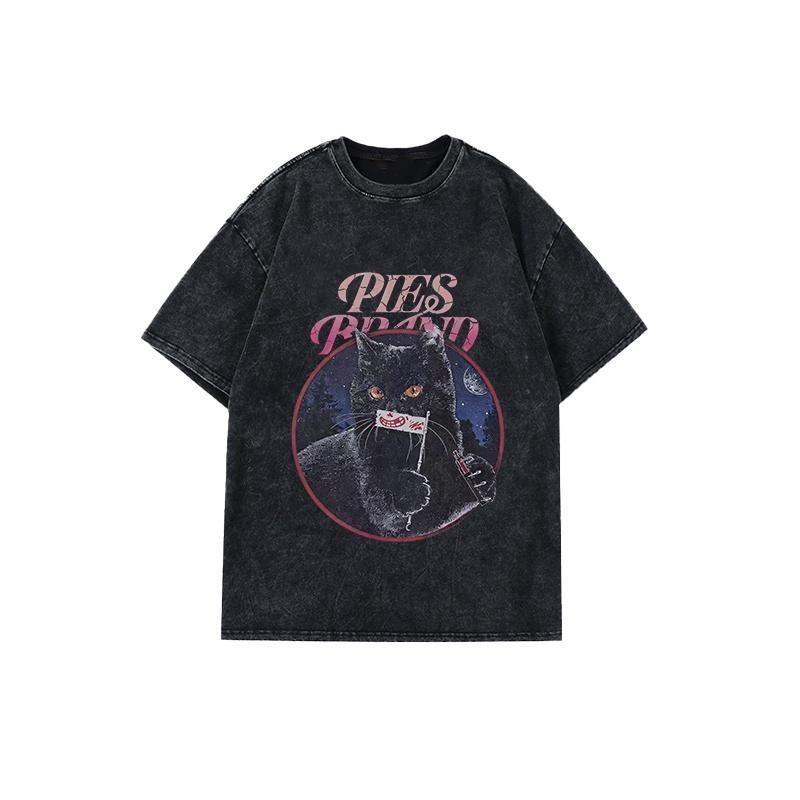 (จัดส่งตลอด 24 ชั่วโมง)เสื้อยืดฟอก เสื้อยืด Oversize ลาย 'Pies Brand Black Cat' สไตล์วินเทจ คอตตอน 100%