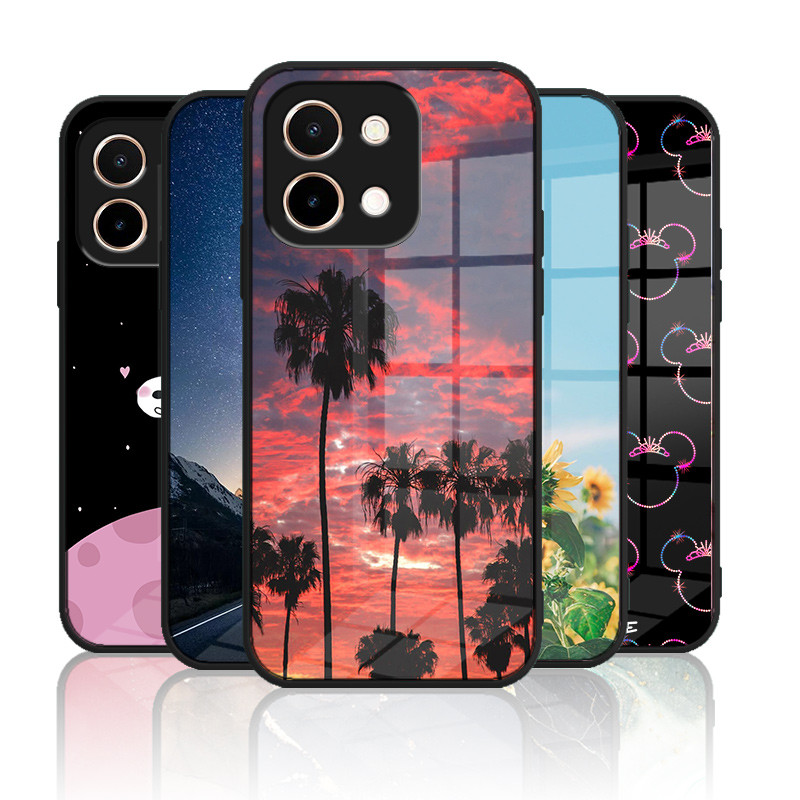 ปลอกแก้วสําหรับ VIVO Y28 4G เคสกันกระแทกกระจกนิรภัย Back & กรอบซิลิโคนอ่อนนุ่มป้องกันรอยขีดข่วนป้องกันกล้อง Secure Fit Cover