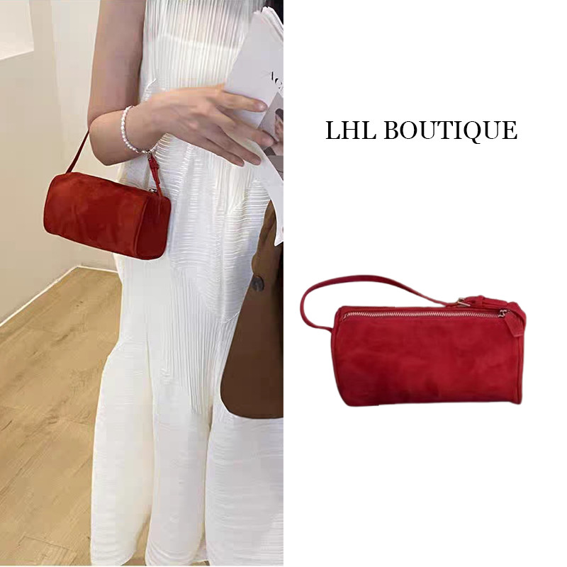LHL BOUTIQUE กระเป๋าหนังกลับ สีแดง suede Boston bag กระเป๋าถือ ย้อนยุค