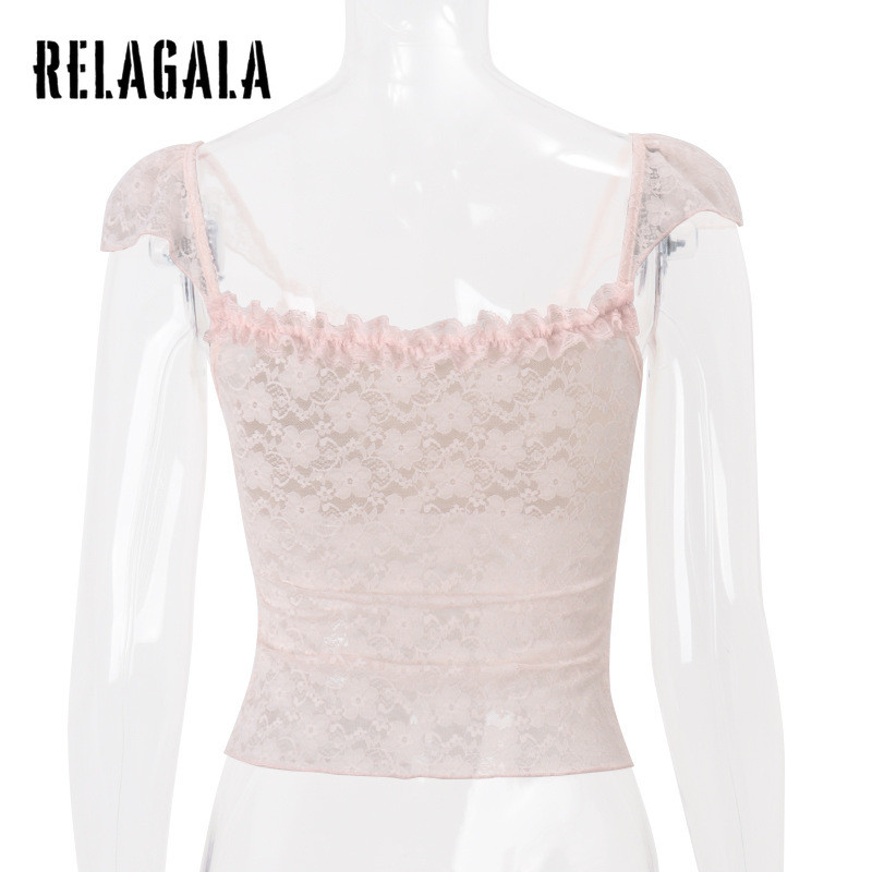 RELAGALA ผู้หญิง 2025 ใหม่สีทึบหวาน Slim Fit แฟชั่นลูกไม้ดูผ่าน Causal Camisole — صورة 7