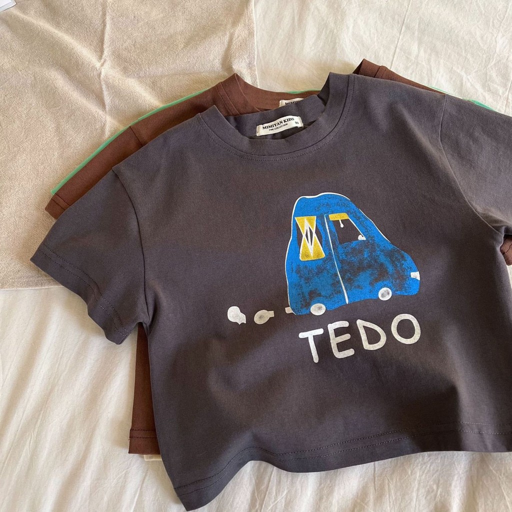 เวอร์ชั่นเกาหลีผ้าฝ้ายแท้เด็กพิมพ์สไตล์ใหม่แขนสั้นชายหญิงเด็กเสื้อผ้าเด็กแฟชั่นด้านบนการ์ตูนทุกการแข่งขันรอบคอฤดูร้อนด้านบน