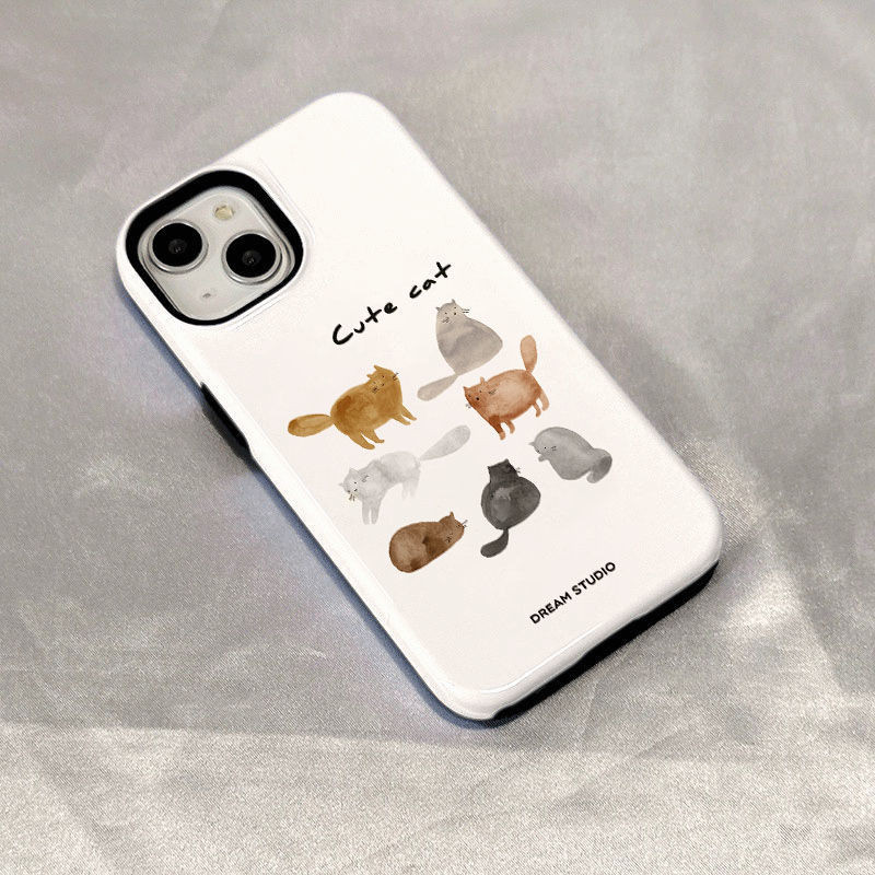 คอลเลกชันสัตว์แมวสไตล์เกาหลี รองรับ iPhone 16 Plus XR XS 16 Pro Max XS Max เคสแข็ง 15 16 13 14 12 11 Pro เคสโทรศัพท์ 15 Pro Max ป้องกัน 14 Pro Max กันกระแทก 2-in-1