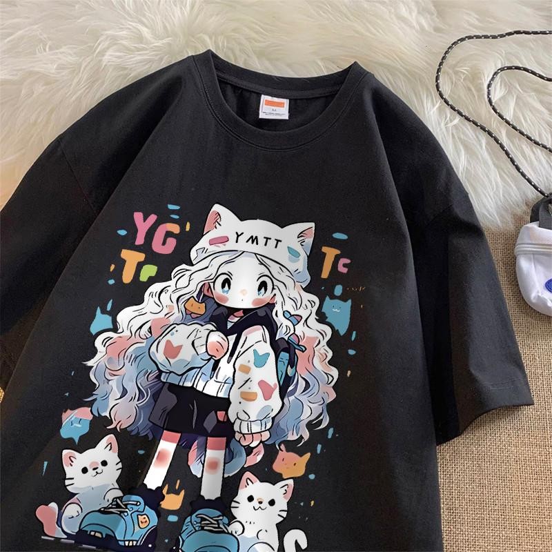 (จัดส่งตลอด 24 ชั่วโมง) เสื้อยืด Oversize "Anime Cat Girl" ลายการ์ตูนสไตล์ญี่ปุ่น