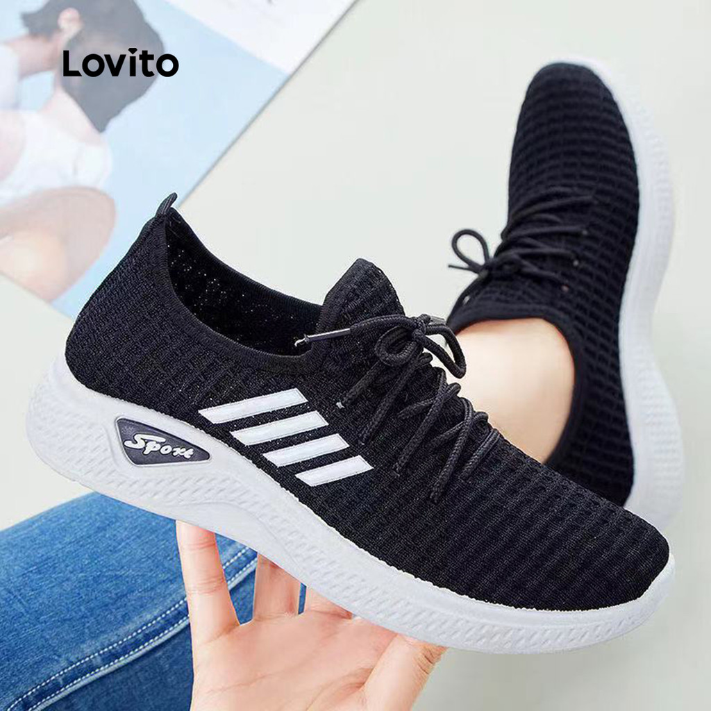 Lovito ลําลองธรรมดาบินทอรองเท้าอเนกประสงค์พื้นผิวตาข่ายระบายอากาศด้านล่างนุ่มรองเท้าผ้าใบแสงสําหรับผู้หญิง  LFA65228