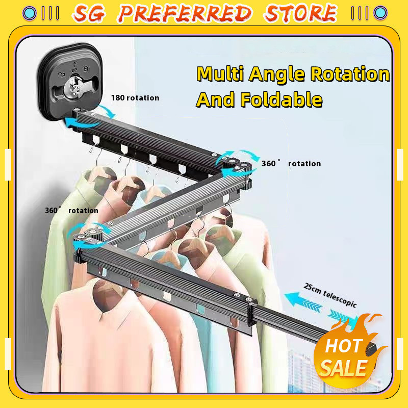 SG Preferredผู้ขายในพื้นที่ + ส่งเร็ว+SG Ready Stock Non Punching Vacuum Cup Folding Clothes Hanger For Indoor Use, Portable ระเบียง, Invisible Telescopic Hanging MWYS