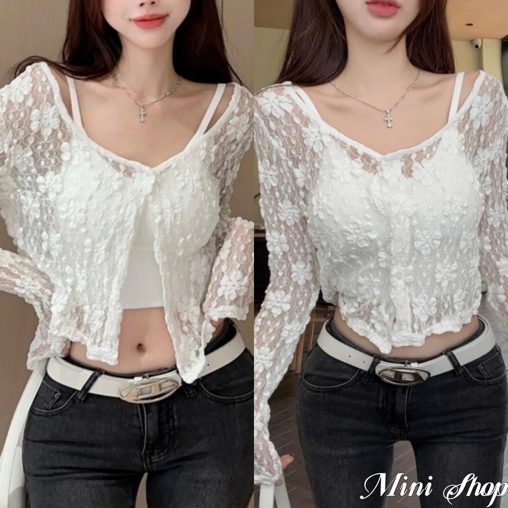 Mini shop🌸พร้อมส่ง🌸เสื้อคลุมถักไหมพรม ลายดอกไม้ คอวีเล็กๆ กระดุมด้านหน้า (MX042/FY319)