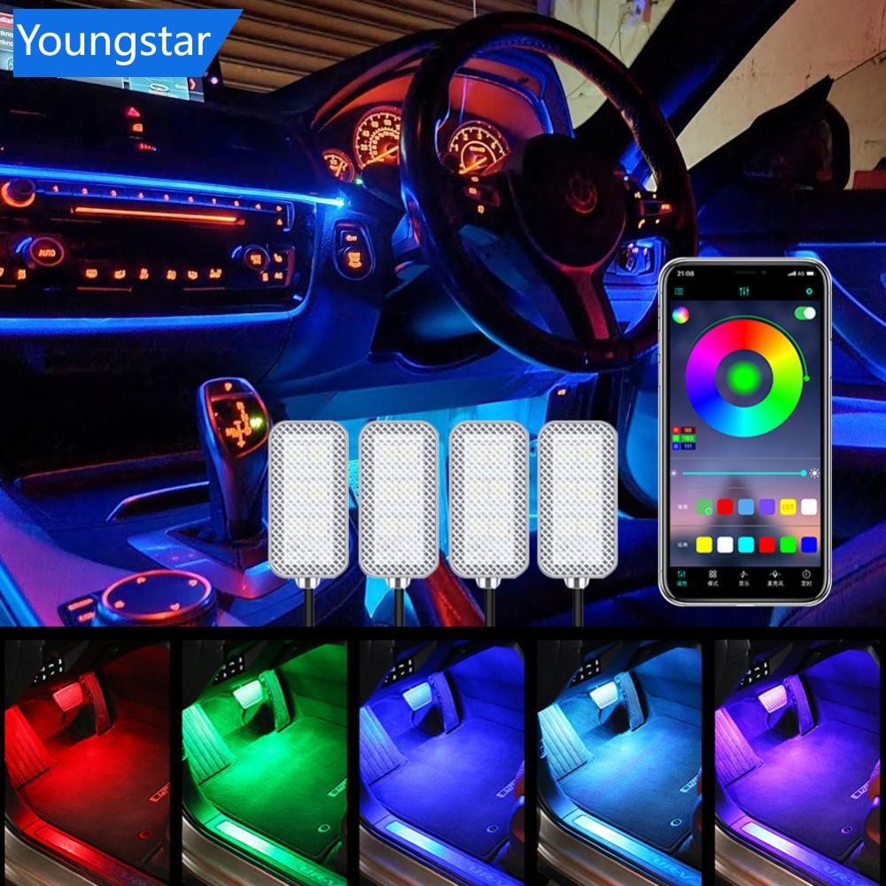 FFY 4 ชิ้น/เซ็ต 12V 5V USB LED ภายในรถบรรยากาศ Backlight Ambient Mood Foot Light ตกแต่ง APP รีโมทคอนโทรลโคมไฟอุปกรณ์เสริมอัตโนมัติ
