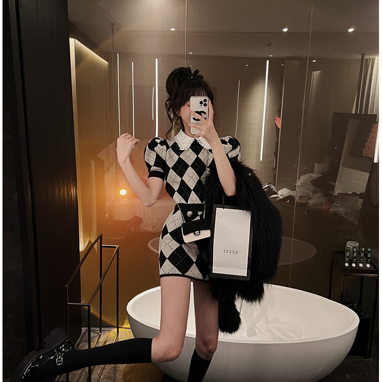 เสื้อเชิ๊ตแขนสั้น MIMIFACE สไตล์ Preppy ประดับเพชร ลายถักเหมือน Chanel ระดับพรีเมียม ม่านแกะ Mink HYPL PK1T