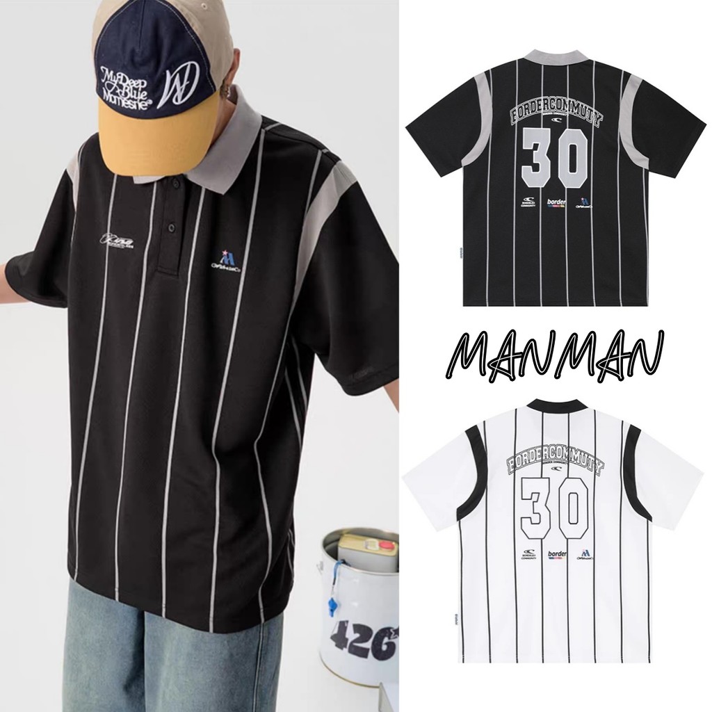 M＆M เสื้อโปโลผู้ชาย พิมพ์ลายตัวอักษร การออกแบบลายทาง แฟชั่นยอดนิยม กีฬาสบาย