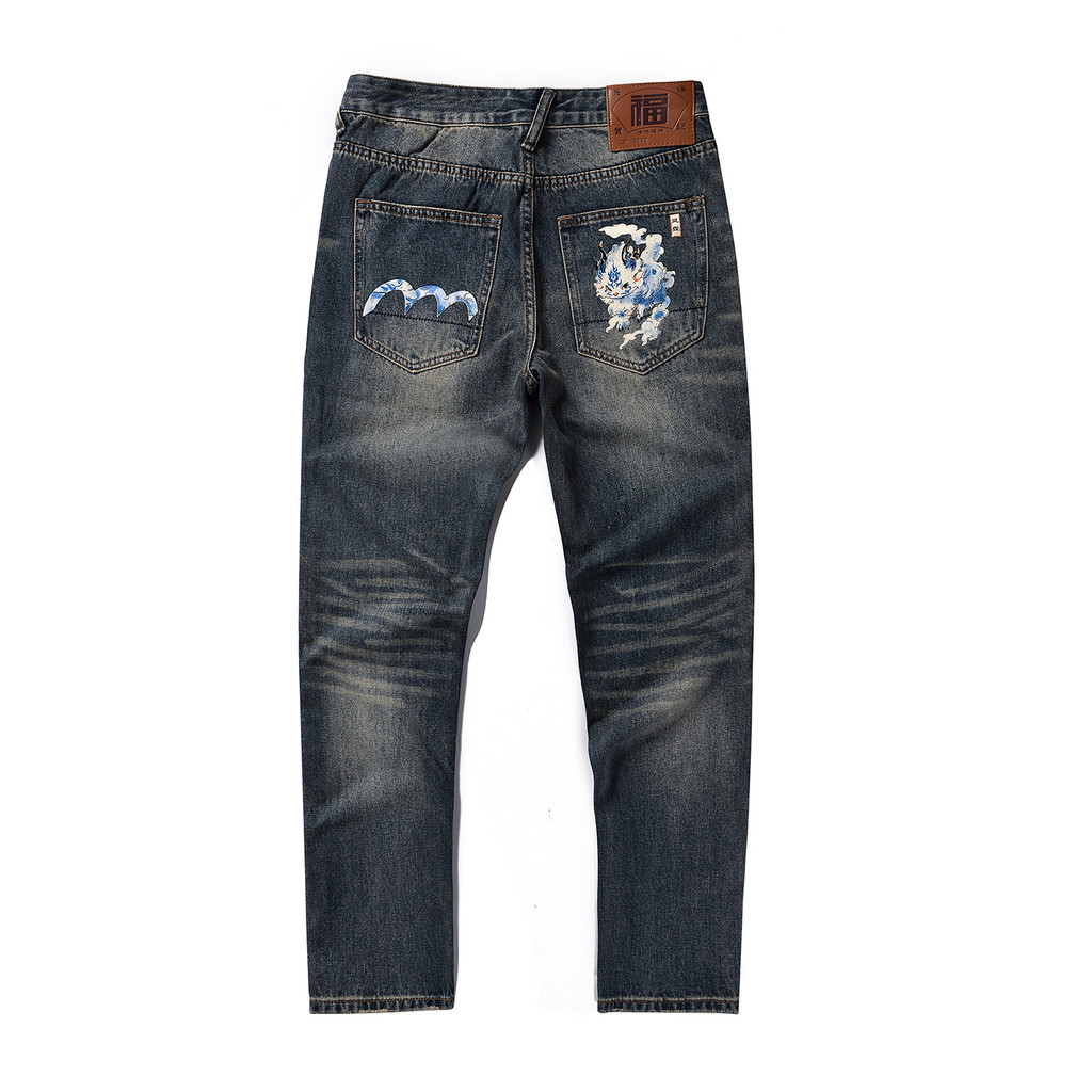 กางเกงยีนส์ขาตรงผู้ชายพิมพ์ลาย EVISU