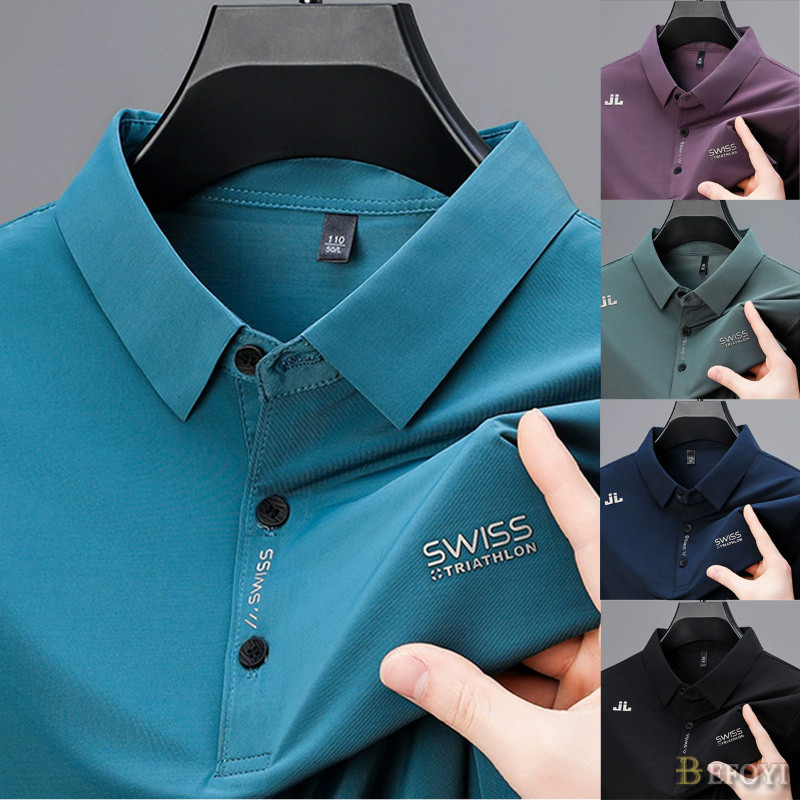 เสื้อโปโลผู้ชายแขนสั้นหลวมสบายๆธุรกิจสีทึบปกขนาดบวกww27