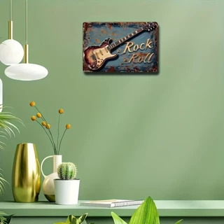 Retro Rock Roll กีตาร์ป้ายโลหะภาษาอังกฤษแขวนผนังตกแต่ง,อเนกประสงค์ Vintage Art สําหรับโรงรถ,คาเฟ่,บาร์,คลับ,ห้องนั่งเล่น