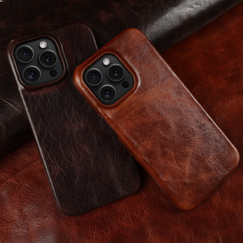High-end Cowhide Oil Skin หนังสําหรับ iPhone 15 Pro Max 16 Plus 14 13 12 Pro Luxury Handmade Hard ฝาหลัง
