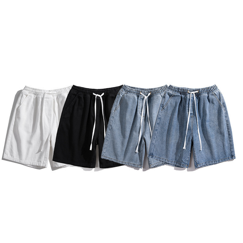 Retro Street สวมกางเกงขาสั้นผ้ายีนส์ล้าง Distressed ผู้ชายผู้หญิง Hip-Hop Street เอวยางยืด All-Match ห้าจุดกางเกงกลาง