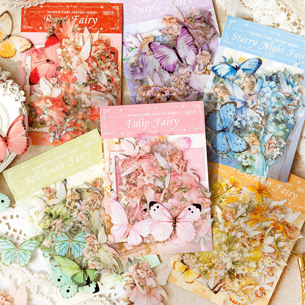 Journamm สติกเกอร์ PET ลายดอกไม้ ผีเสื้อ สําหรับตกแต่งสมุดภาพ เครื่องเขียน DIY 40 ชิ้น ต่อแพ็ก