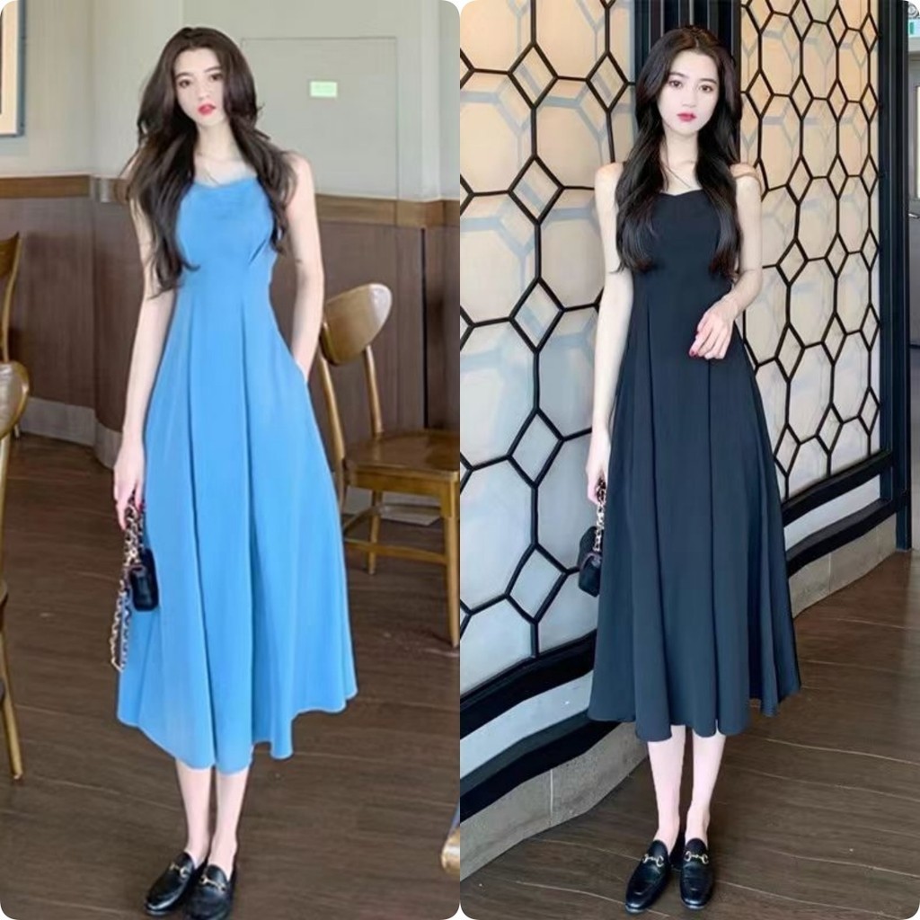 ชุดเดรสยาว แขนกุด สีฟ้า สไตล์เฮปเบิร์น ฝรั่งเศส แฟชั่นฤดูร้อน 2024