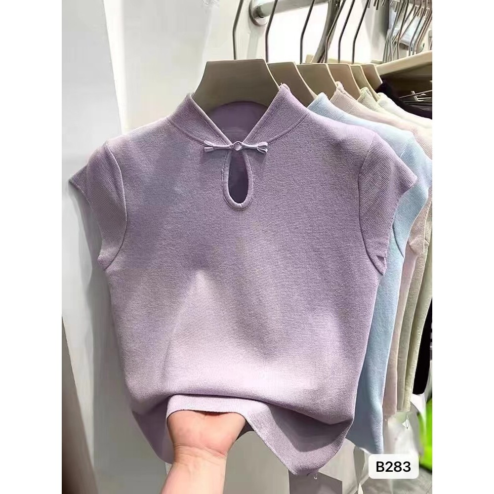 Gamin-CF0708 "มี 6 สี" เสื้อไหมพรมแขนสั้นคอจีน สีพื้นเรียบง่ายดูมีราคา #B283