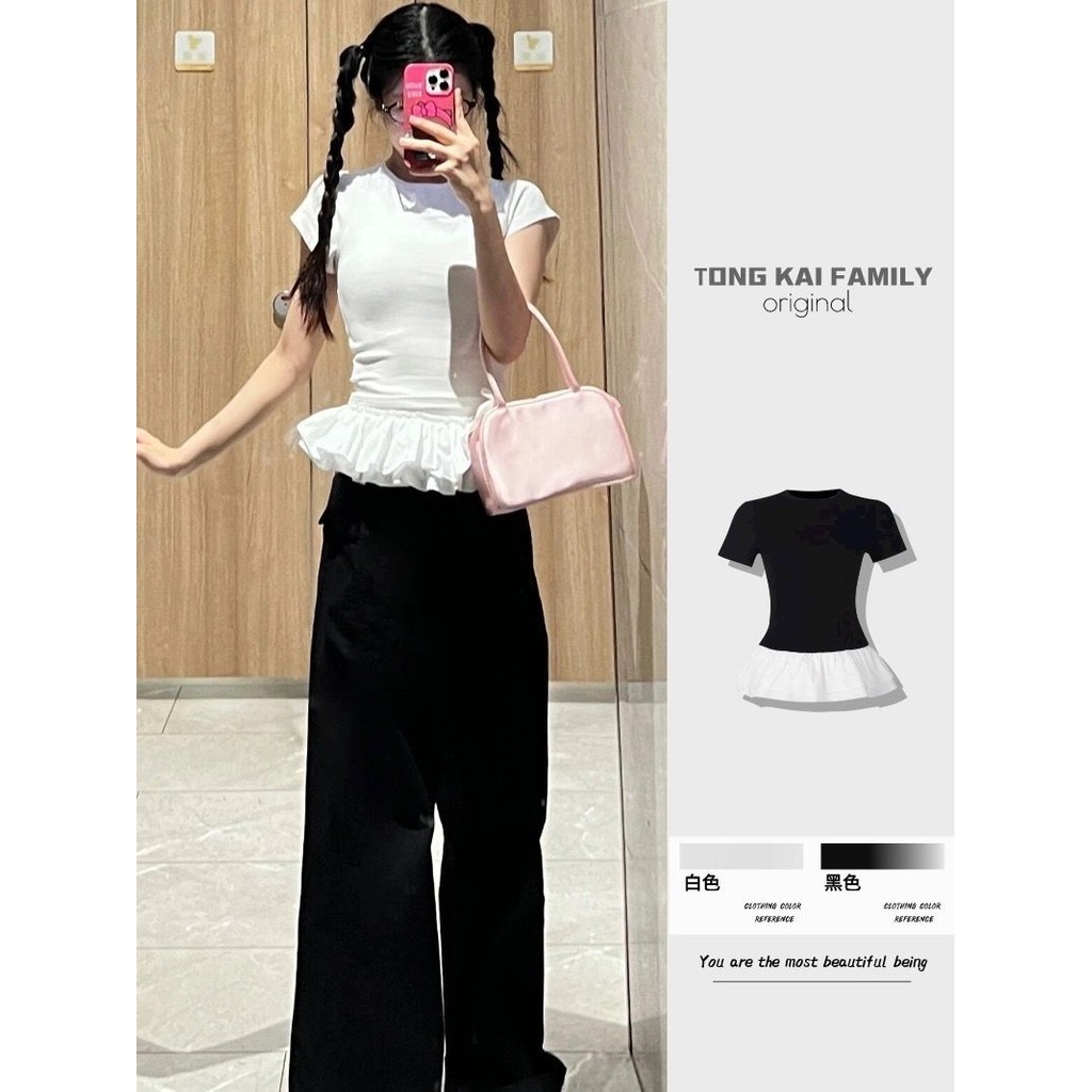 เสื้อยืดแขนสั้น แต่งระบาย ออกแบบใหม่ แฟชั่นฤดูร้อน สําหรับผู้หญิง