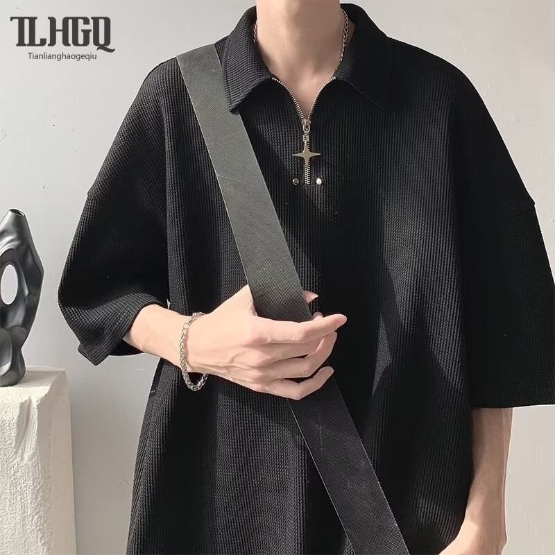เสื้อโปโลแขนสั้นลําลอง คอปก ผ้าวาฟเฟิล ทรงหลวม สไตล์อเมริกัน สําหรับผู้ชาย