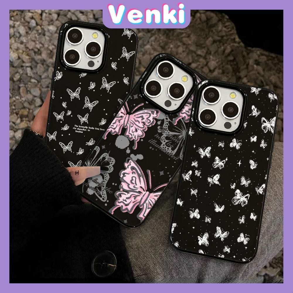 VENKI - สำหรับ iPhone 15 Pro Max เคส ไอโฟน สีดำมัน TPU ซอฟท์เคส กันกระแทกกล้องป้องกัน ผีเสื้อบินหลากสี เข้ากันได้กับ iPhone 14 13 12 Pro Max 11 XR XS Max 7 8 Plus