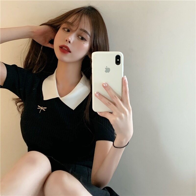 Gakki เสื้อยืดแขนสั้นผ้าถักโปโล POLO ปักสลิม เสื้อไหมพรม ผ้านิ่มใส่สบาย ฟรีไซส์ พร้อมส่ง 1986#