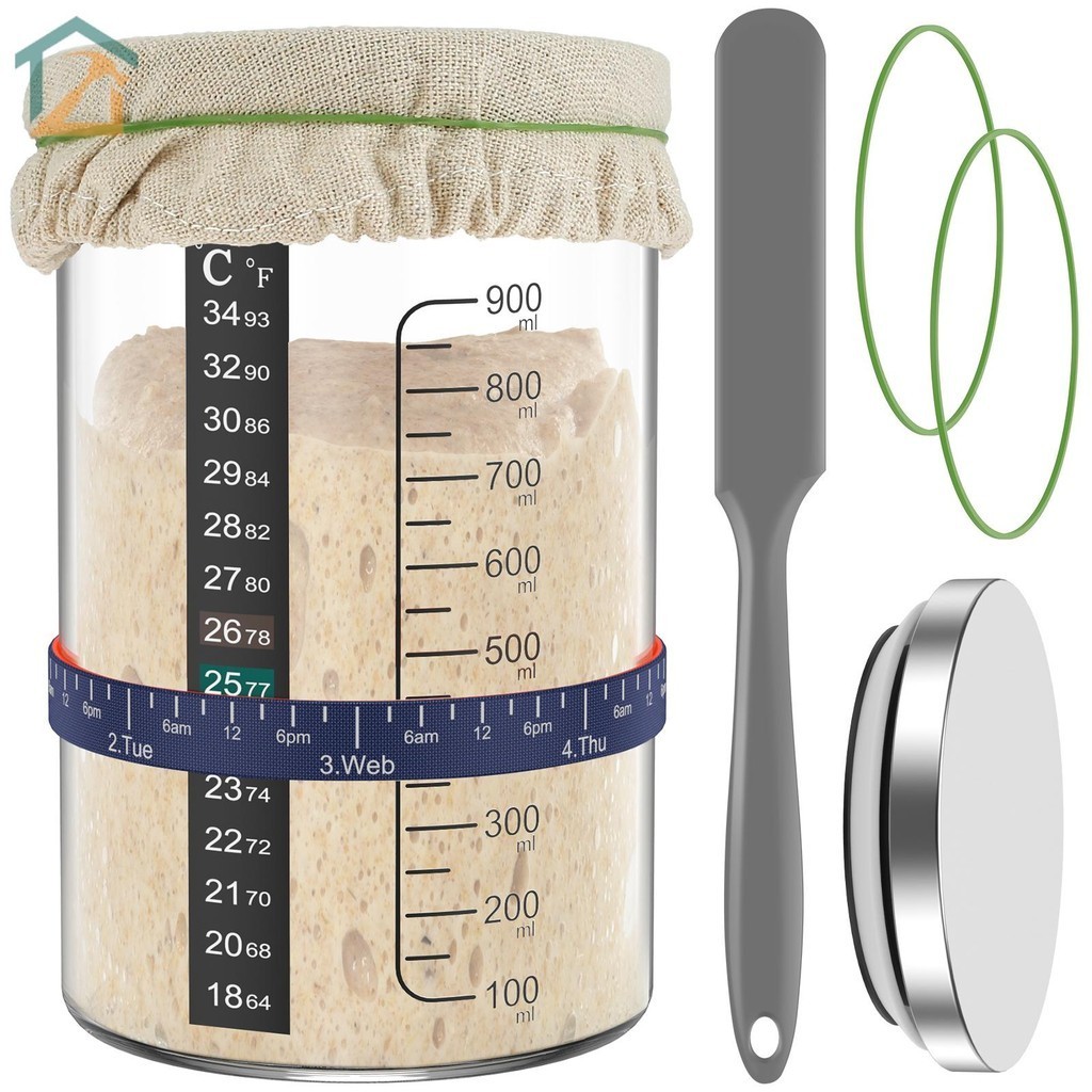 7 ชิ ้ น Sourdough Starter Jar ขนาด 900ml ขนาดใหญ ่ ความจุ Sourdough Starter คอนเทนเนอร ์ แก ้ ว Sou