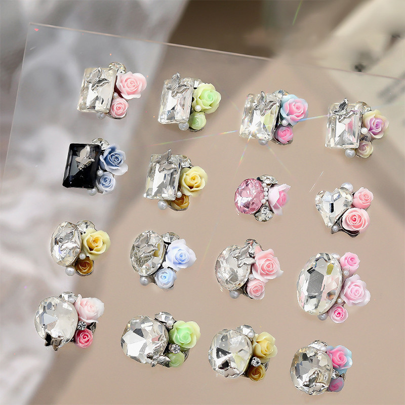 Ur SUGAR 5 ชิ้นคริสตัลเงิน Pile Nail Art Rhinestones Handmade สีชมพู Rose Pearl Tip ด้านล่างเล็บ Charms อุปกรณ์เสริม