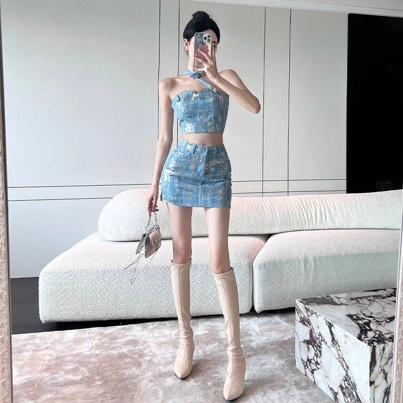 Denim Sequin Fashion Dopamine Two-Piece Suit Sheath Half-Body Wear Tube Top Summer Short Skirt Hot Girl Suit Fried Street PTB0