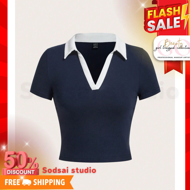 เสื้อยืด ครอป ฤดูร้อน คอนทราสต์คอปก (ซื้อผ่านไลฟ์สดลดสูงสุด 50%) 𝐒𝐈𝐙𝐄 𝐗𝐒-𝐋