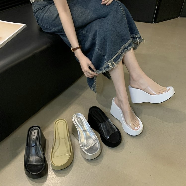 ฤดูร้อนรองเท้าส้นสูง Wedge Heeled รองเท้าแตะฤดูร้อนแฟชั่น Casual สวมใส่กลางแจ้งหนา Soled โปร่งใสเพิ่มรองเท้าแตะชายหาดรองเท้าแตะกลางแจ้ง Anti-Slip Wear-Re