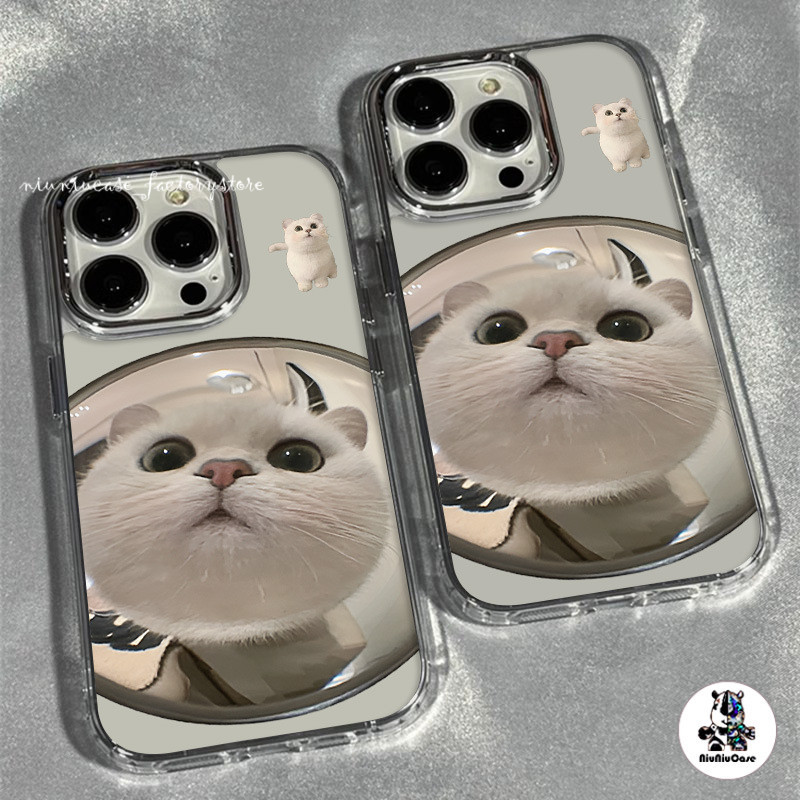 สำหรับ iPhone 13 12 14 11 15 Pro Max XR X Plus XS SE 7 กระจกรูปแมวกรอบรูปโลหะซิลิโคนนุ่มเลนส์ป้องกันกันกระแทกและน่ารัก