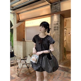 เสี่ยวโซดาพัฟแขนดอกไม้หน่อชุดสไตล์ใหม่หญิงฤดูร้อนลายสก๊อตเชื…