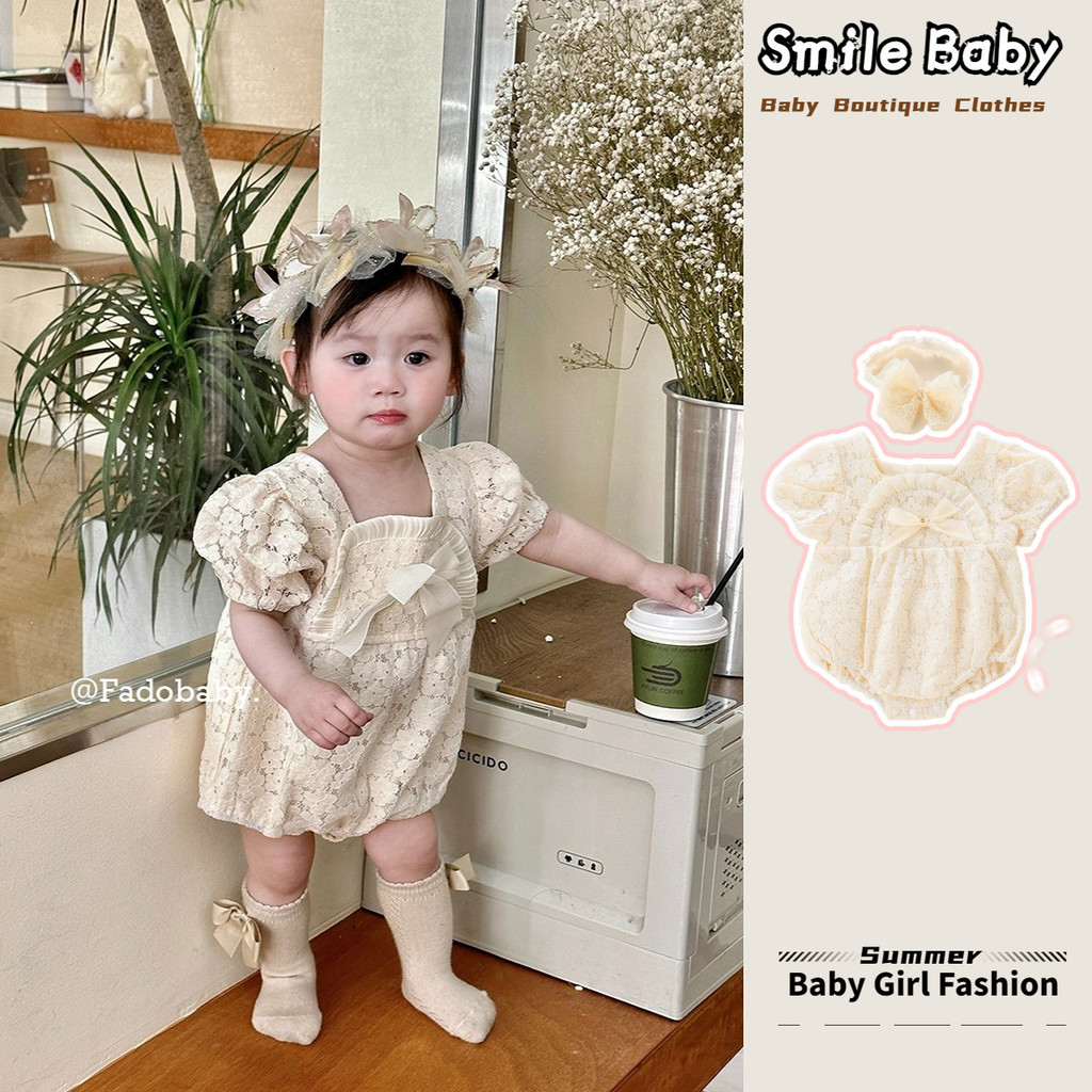 ฤดูร้อนใหม่เด็กสาวแขนสั้น ชุด + แถบคาดศีรษะ 0-24 เดือนน่ารักสุดน่ารักลูกไม้หวานดอกไม้ ชุดรอมเปอร์