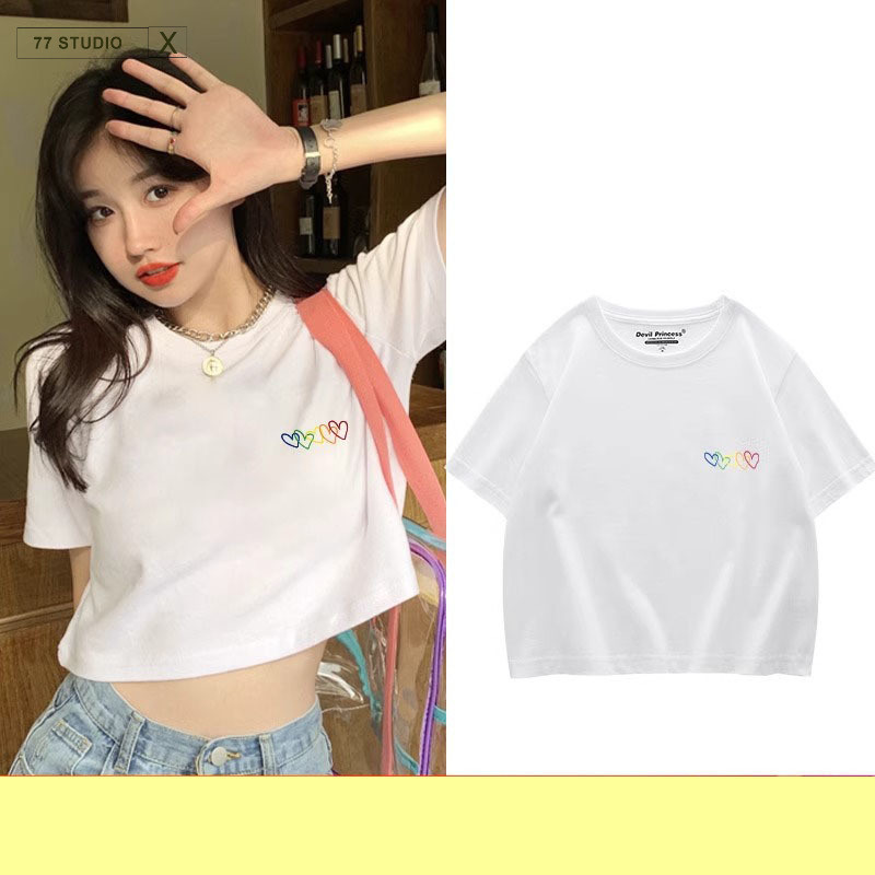 （พร้อมส่งจากกทม มาถึงใน 2วัน）เสื้อครอปท็อป พิมพ์ลาย หัวใจ ผ้าcotton100%สวมใส่สบาย น่ารัก แขนสั้น