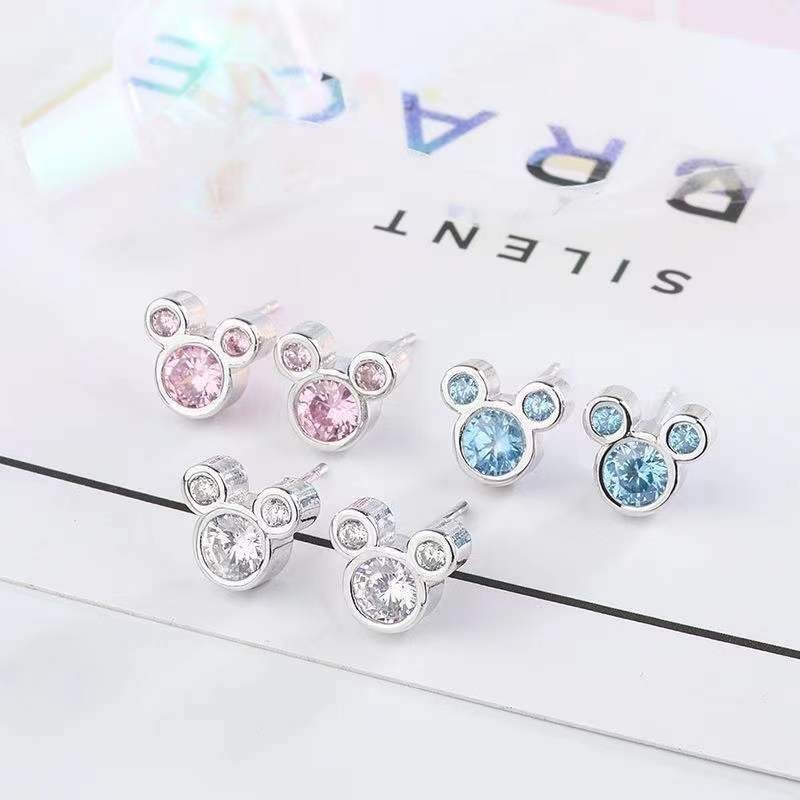 เครื่องประดับมิกกี้เพทาย, ชมพู, ฟ้า, เพชร, ดิสนีย์, สไตล์เกาหลี, เรียบง่าย, ทันสมัย, ประณีต, น่ารัก ต่างหูผู้หญิงเท่, เข็มเงิน 925, ของขวัญ