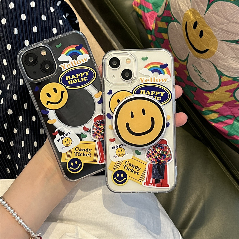 Smile Face Hard Magnetic Clear case แม่เหล็กโทรศัพท์ Grip Holder สําหรับ iPhone 15 Pro 14 Pro Max 13 Pro Max 12 กันกระแทก iPhone 11 กรณี